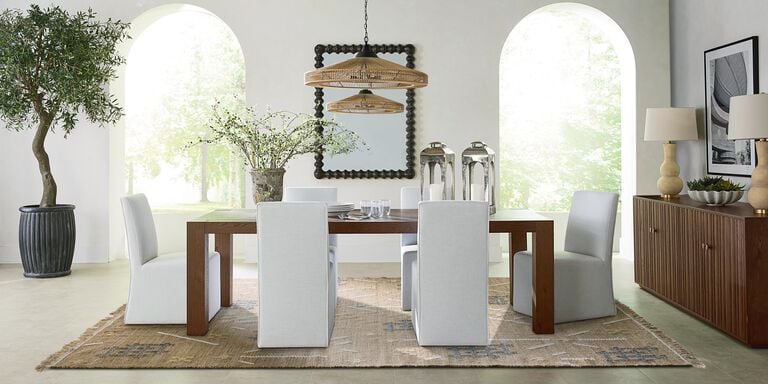 Wood dining table, wood dining chairs, and upholstered dining chairs