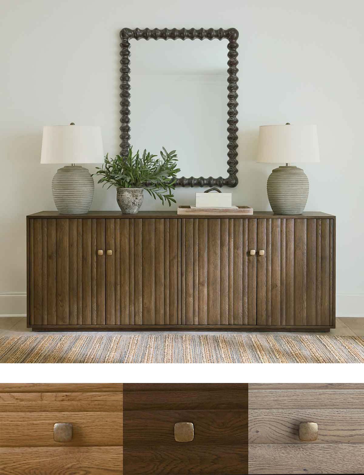 Andora credenza in room setting with finishes swatch below