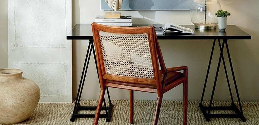 Workspace With Small Desk , Bookcase and Armless Chair